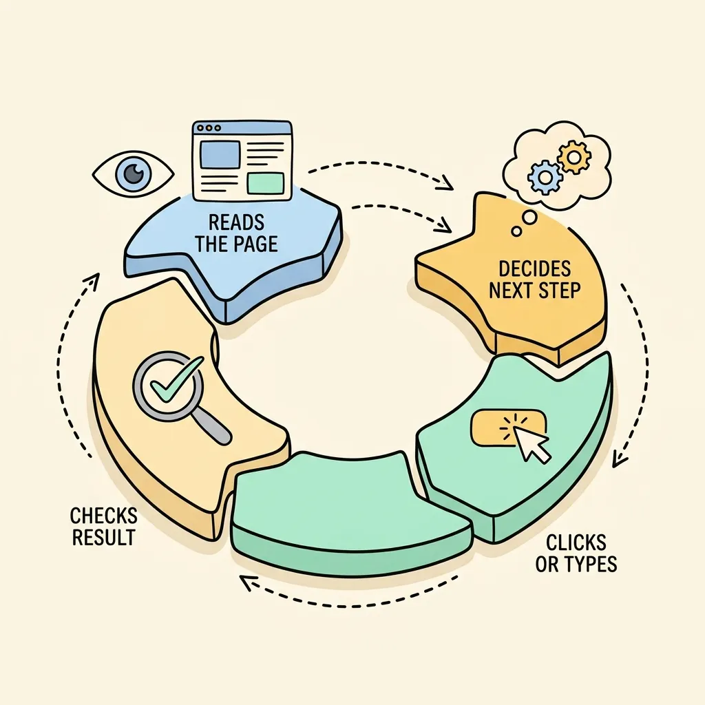 Alt Text: A doodle-style isometric diagram showing four connected stages labeled Perceive, Plan, Act, and Observe arranged in a circular flow