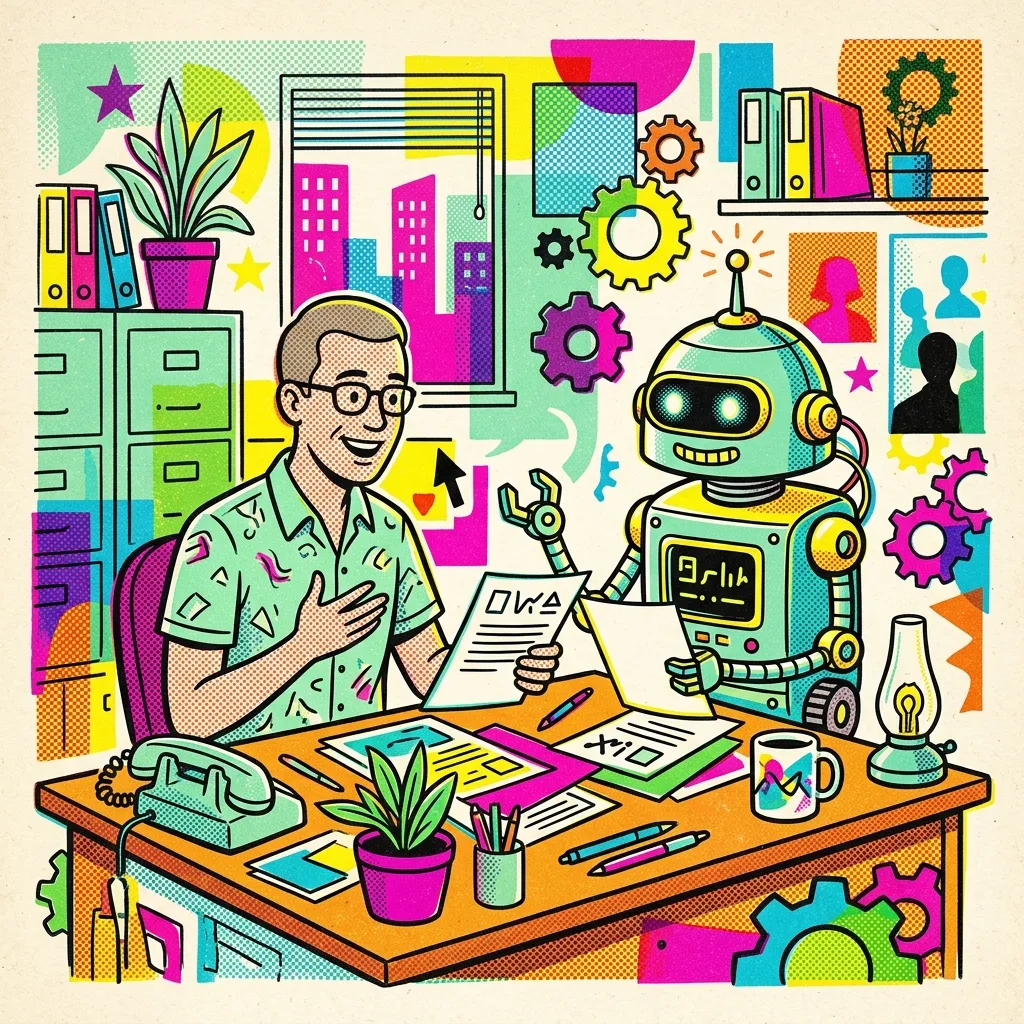 Pop Art style illustration of a human office worker collaborating at a desk with an AI robot coworker