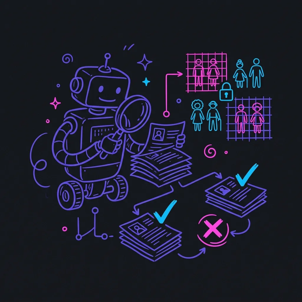 Illustration representing AI bias and automated discrimination: a robot scanning resumes with gendered filter criteria