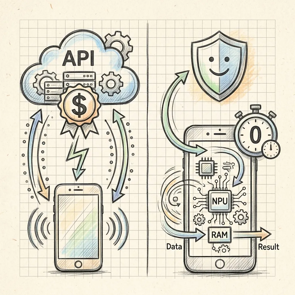 Cloud LLM API pipeline compared to on-device SLM inference pipeline