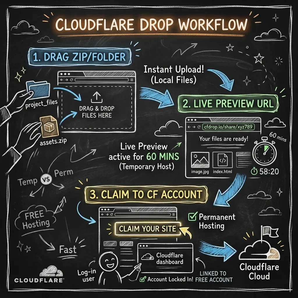 Cloudflare Drop Workflow showing Drag-and-Drop, Live Preview URL (60 mins), and Claiming to a Free Permanent Cloudflare Account