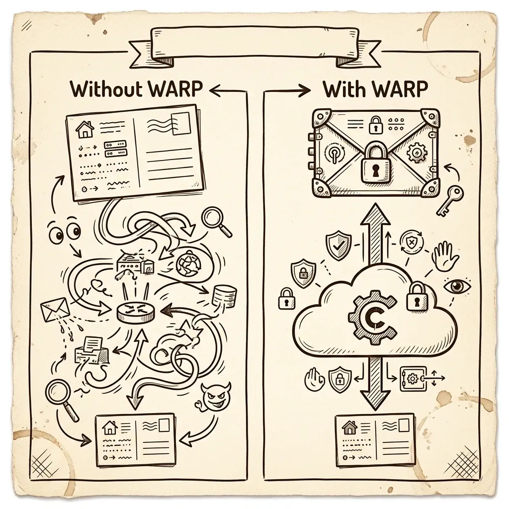 Visual comparison of the data path with and without Cloudflare WARP