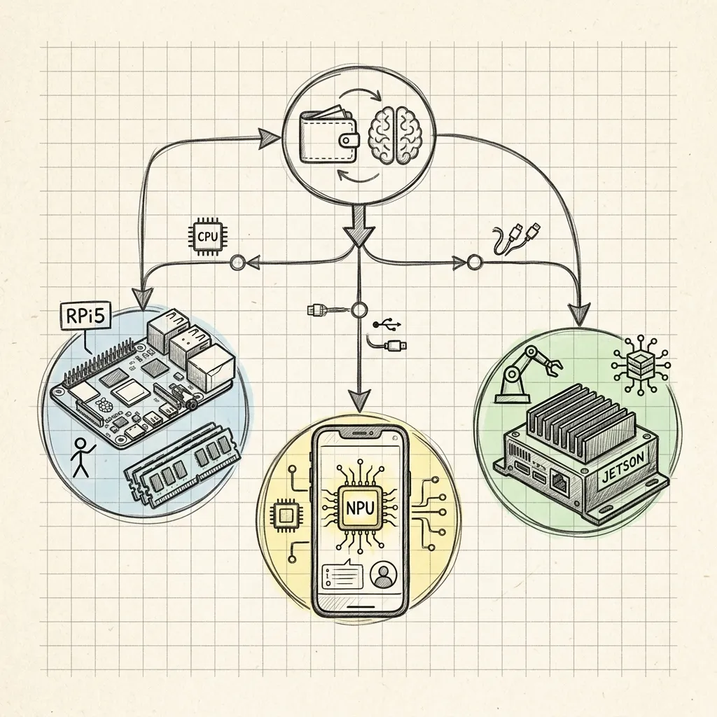 Device class decision sketch showing Pi 4, Pi 5, mid-range phone, and flagship phone with matching model sizes