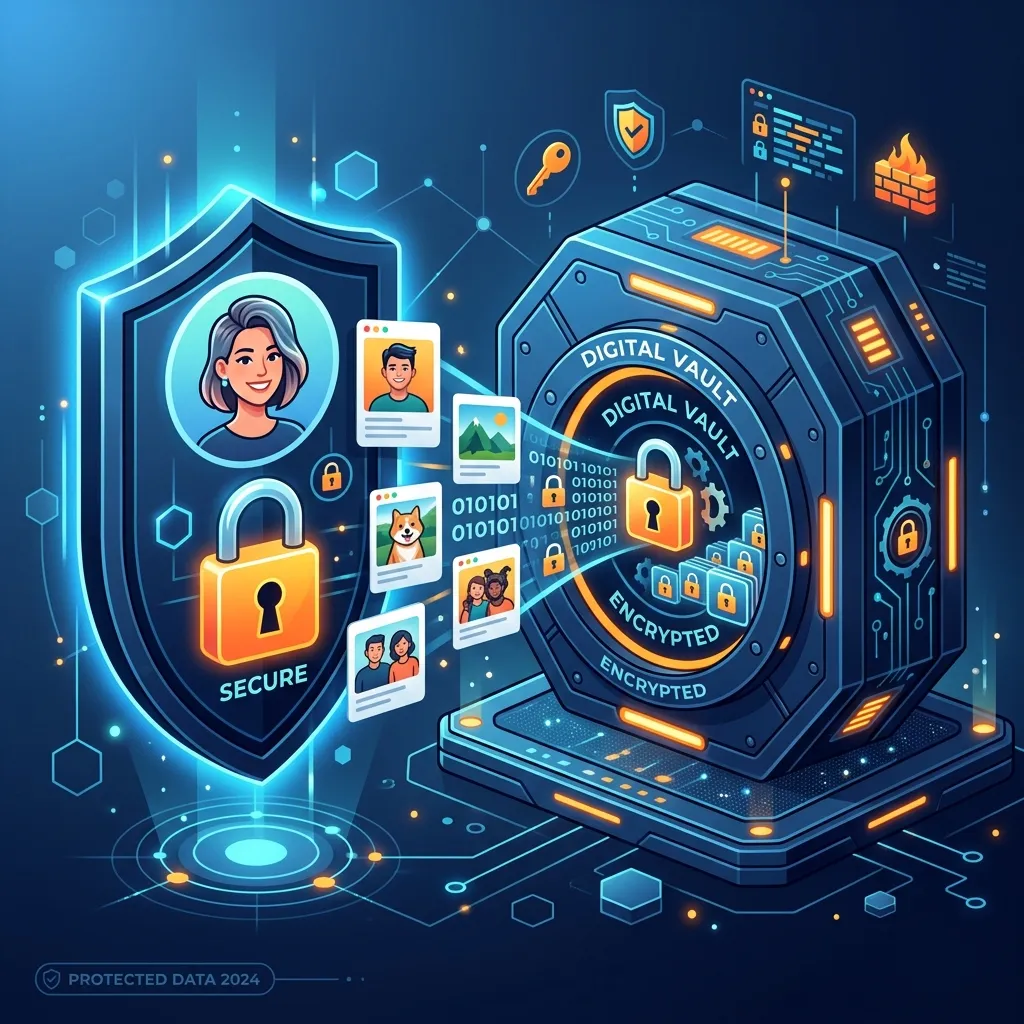 A digital profile avatar protected by a lock shield with photos secured inside an encrypted vault