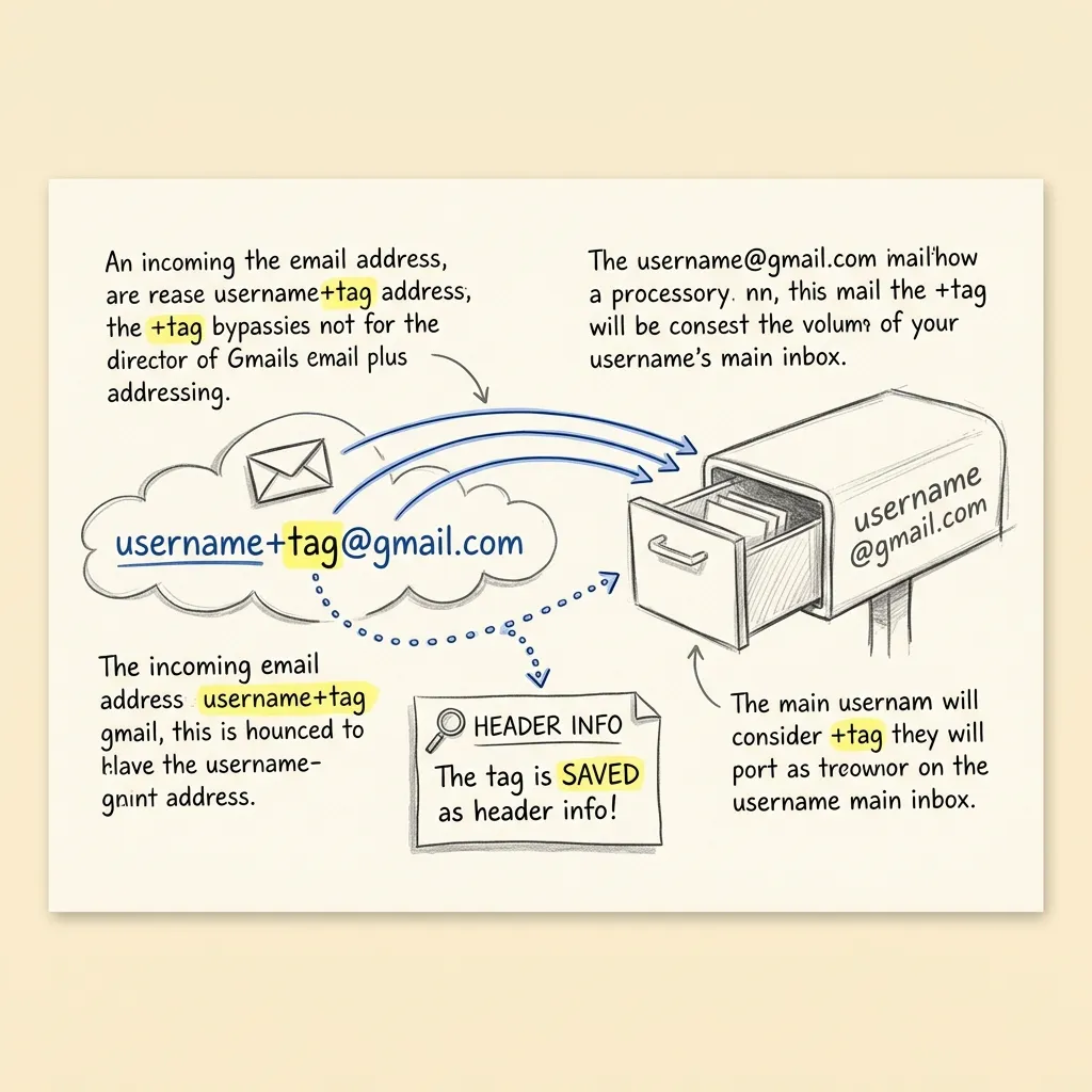 Infographic displaying Gmail Plus addressing mapping an alias to the main inbox while retaining headers
