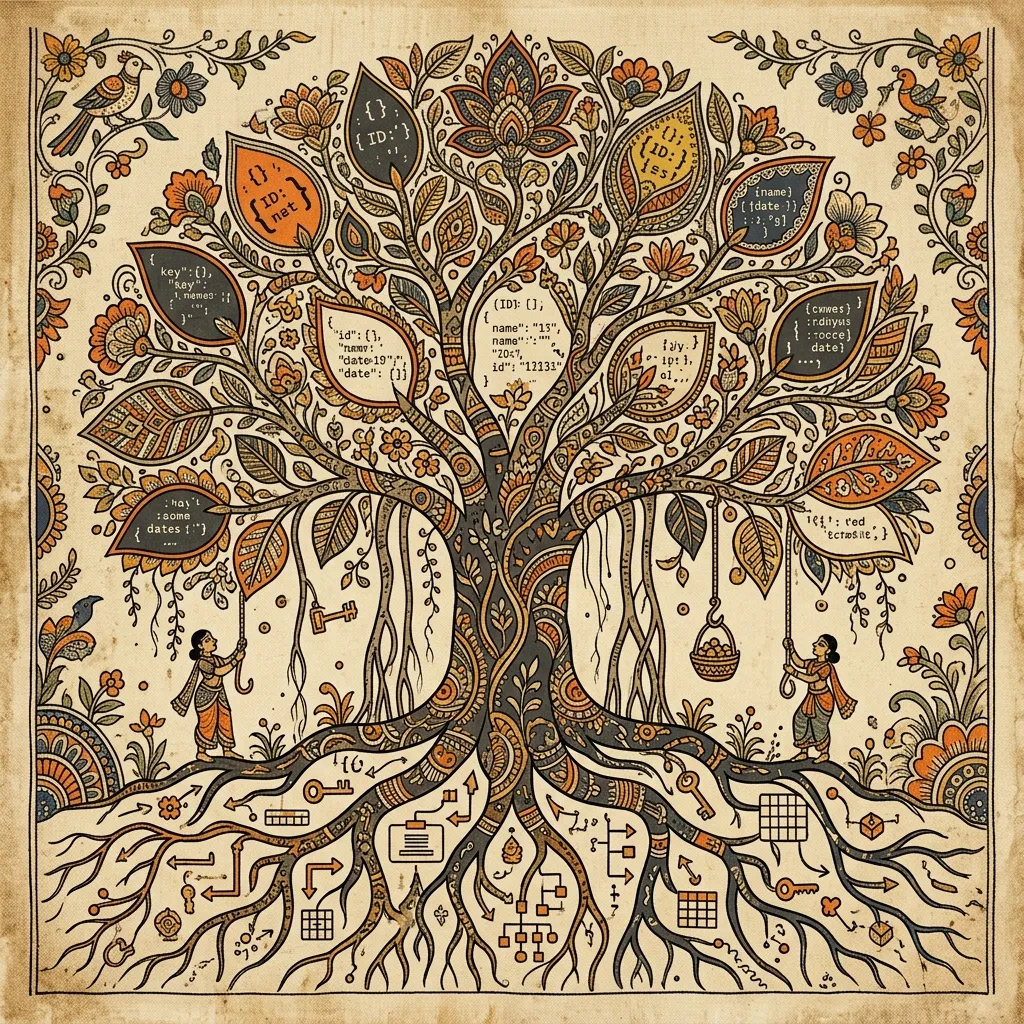 Kalamkari illustration of database GIN indexing representing search trees as a banyan tree with indexed leaf nodes