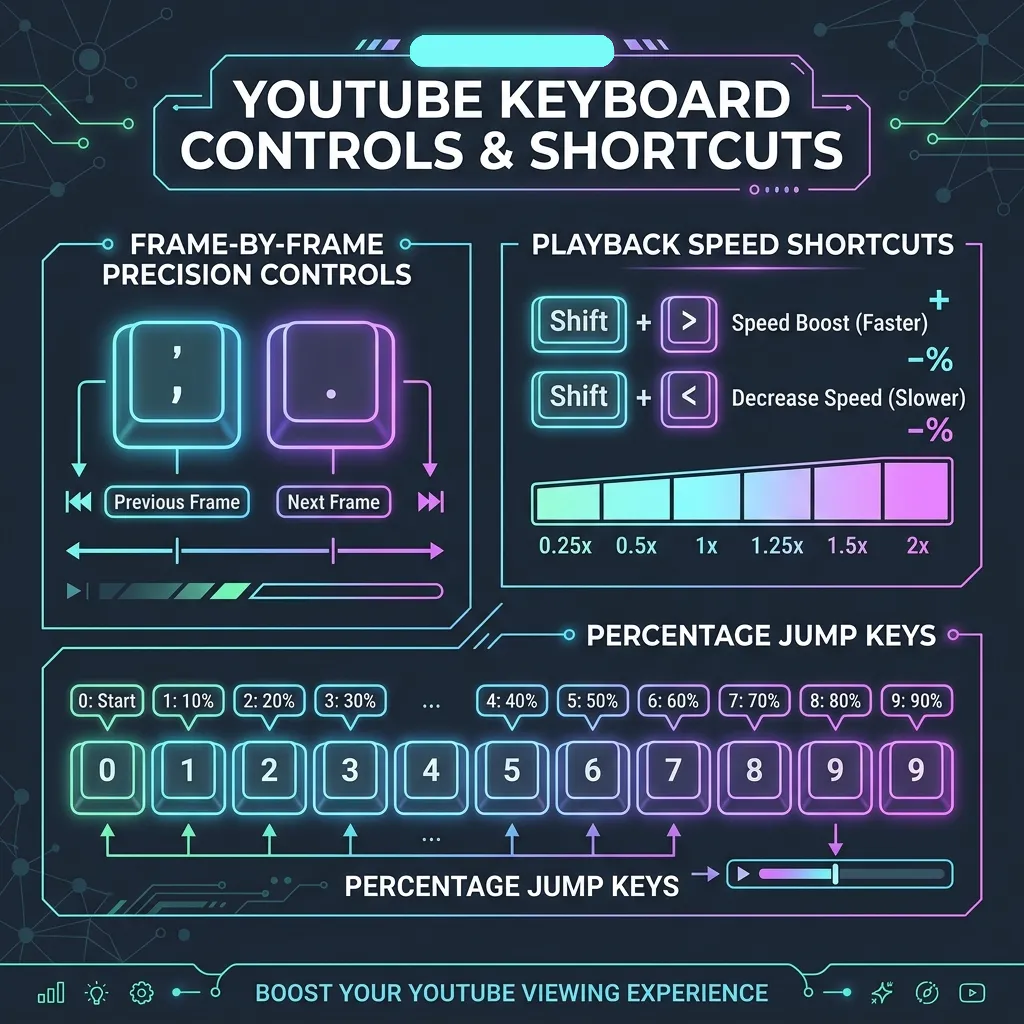 YouTube Frame-by-Frame Precision Controls and Playback Speed Infographic
