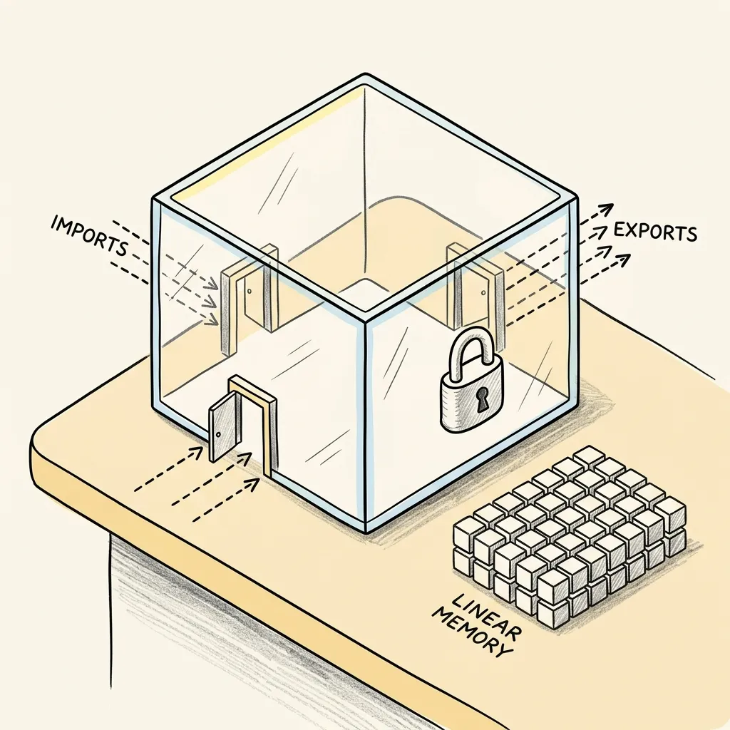 Wasm sandboxed execution model with isolated linear memory and explicit imports/exports
