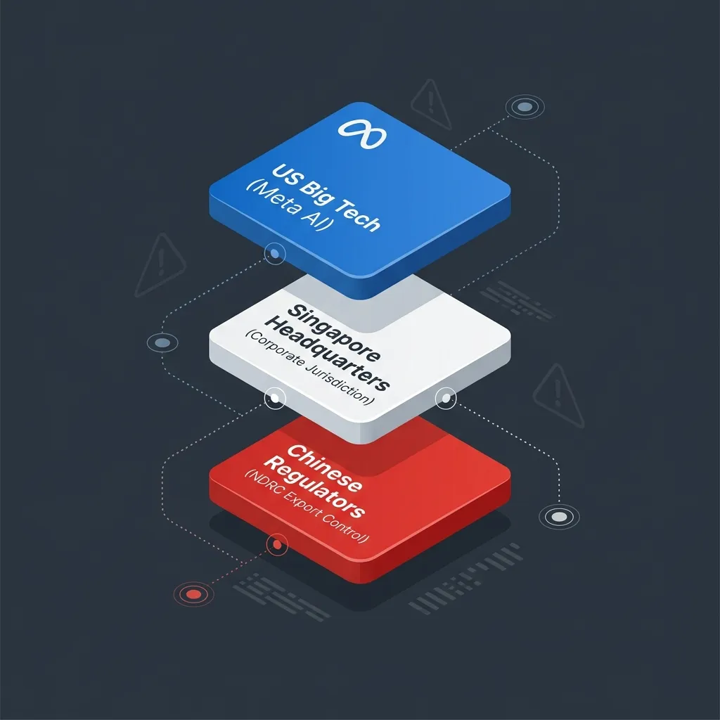 Meta-Manus AI Geopolitical Fragmentation: A 3D flat-lay isometric exploded diagram illustrating the friction points between US Big Tech, the Singapore corporate headquarters, and Chinese export control regulators.