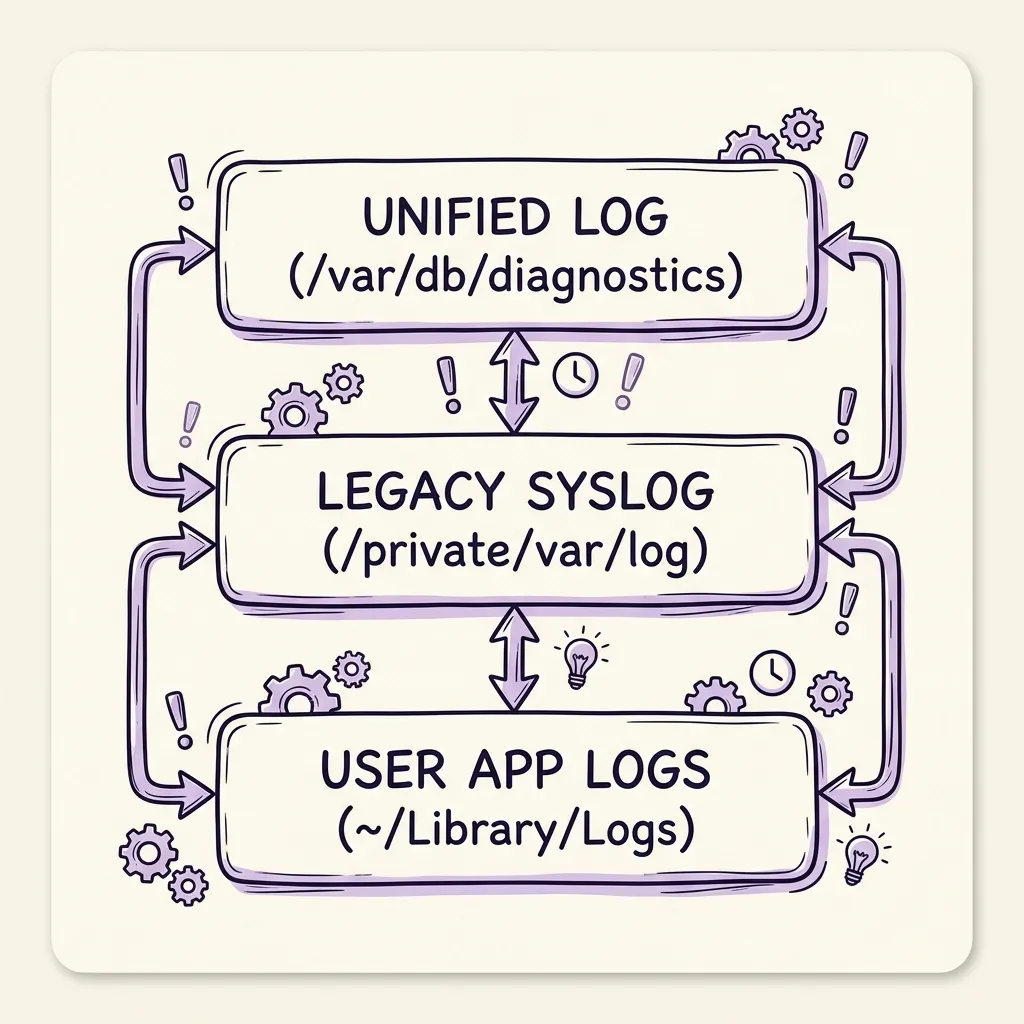 macOS Unified Logging system three layers diagram
