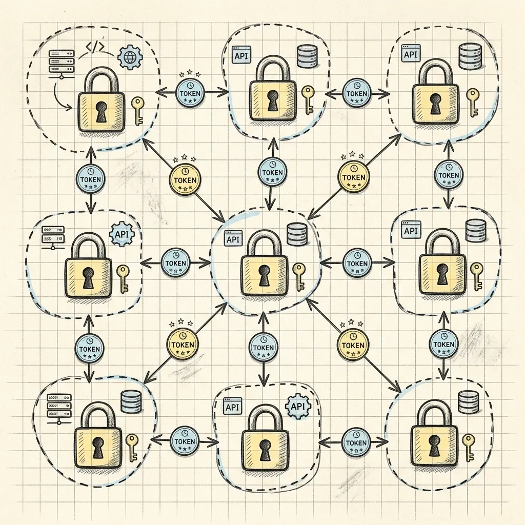 Isometric network diagram showing micro-segmented service zones, each service holding a small identity certificate, with dashed mTLS connection lines only between services that are explicitly allowed to talk to each other