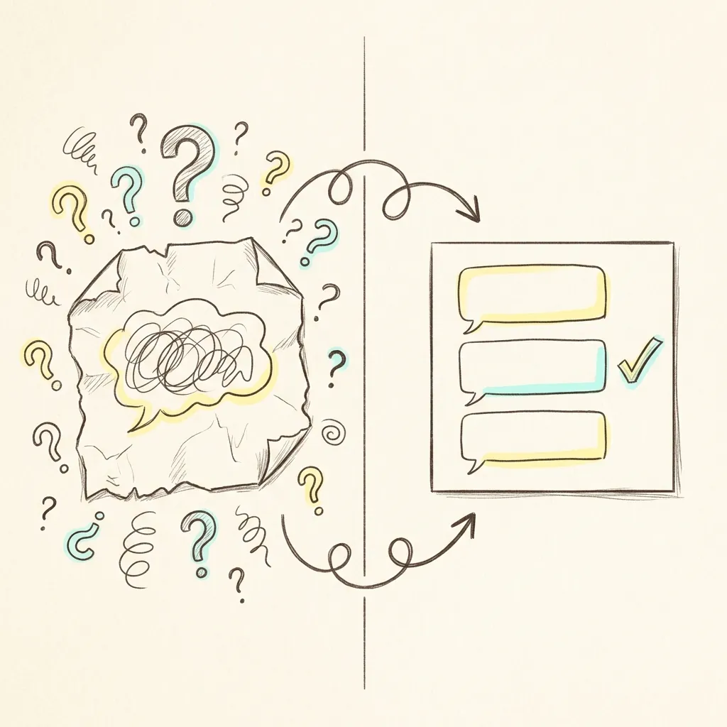 Doodle diagram comparing a vague PR description sticky note against a clear structured PR description sticky note, both on a hand-drawn desk scene