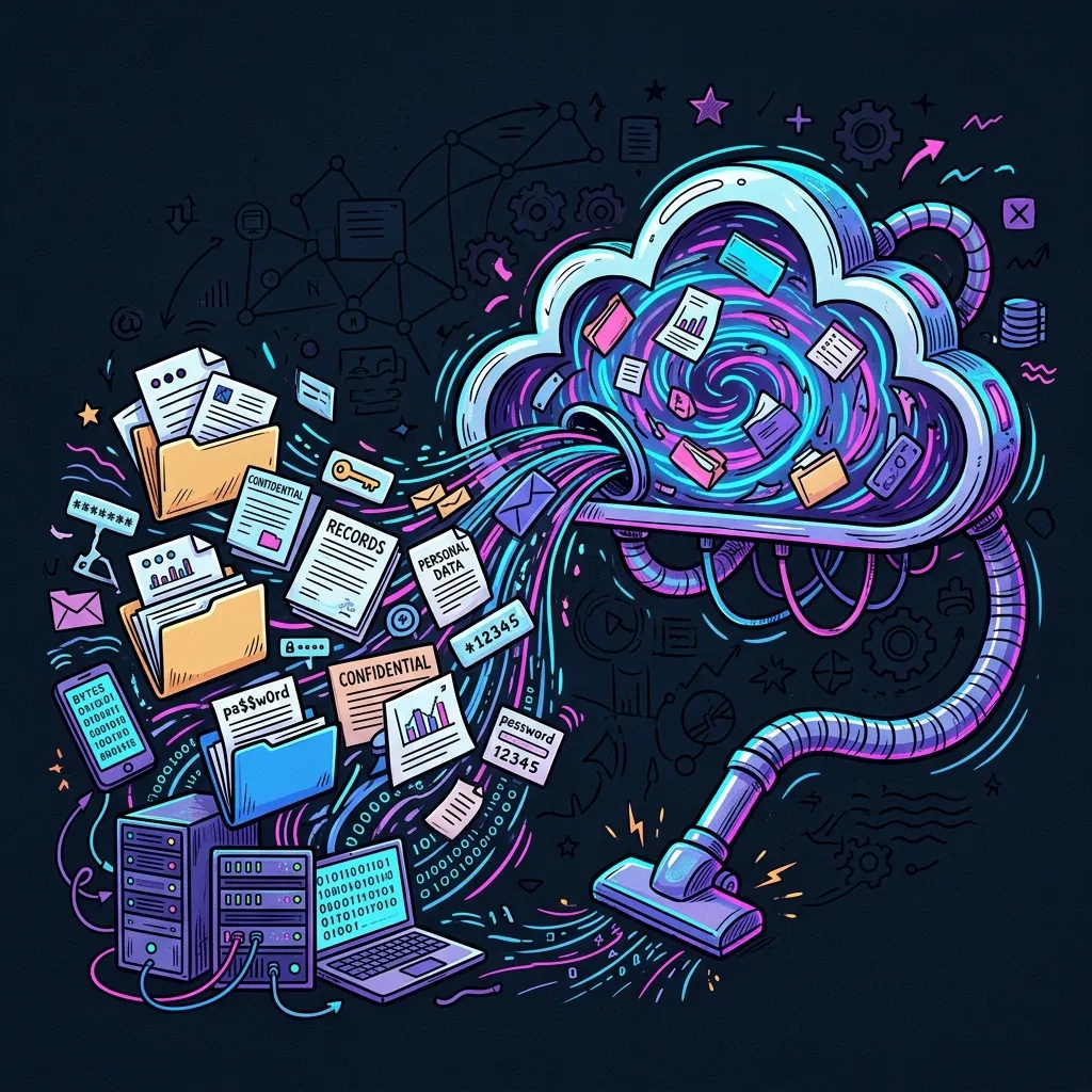 Illustration representing LLM privacy risks: a cloud vacuum cleaner hoovering unredacted client log files and passwords
