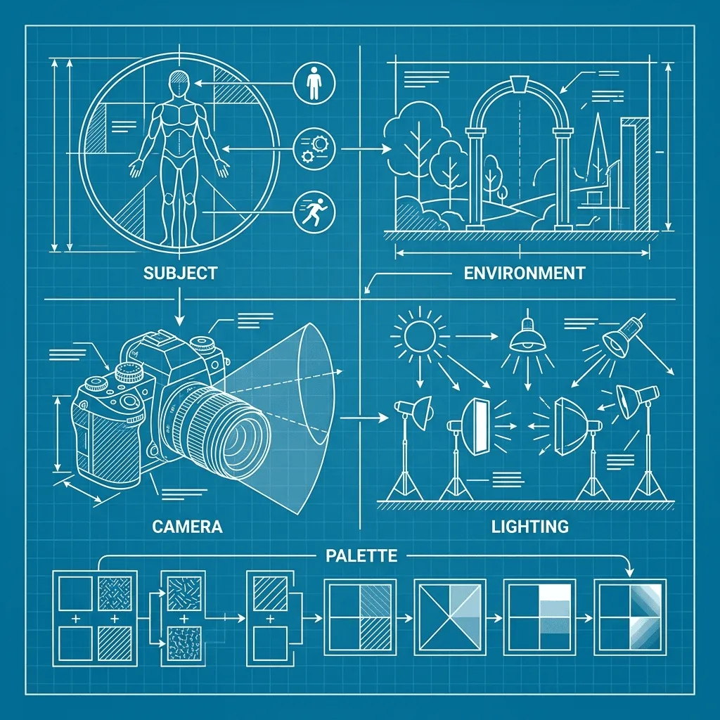 Blueprint schematic outlining the anatomy of an AI visual generation prompt