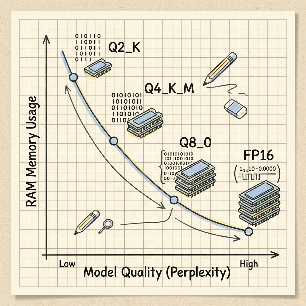 Model quantization tradeoff diagram showing memory size shrinking against RAM bar