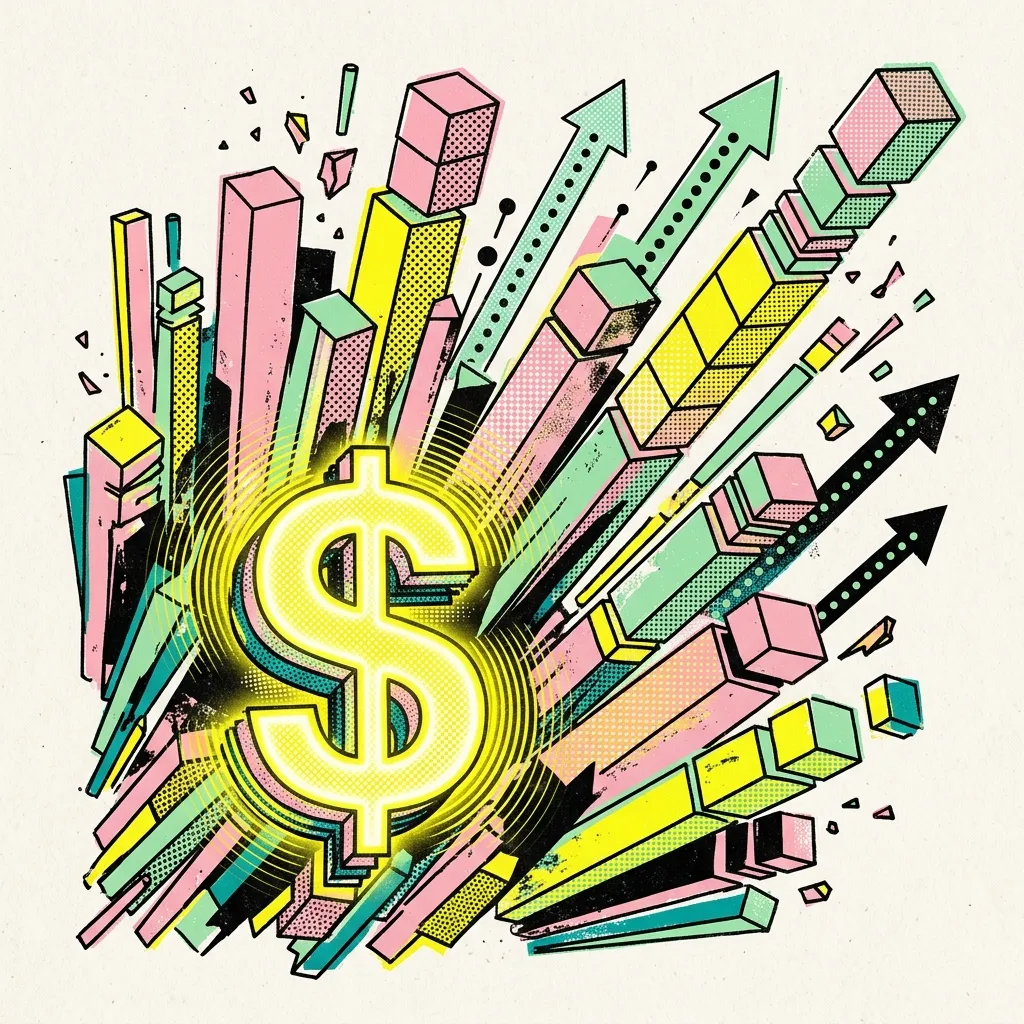 Pop Art style illustration representing business ROI and financial growth with bar charts and a dollar sign