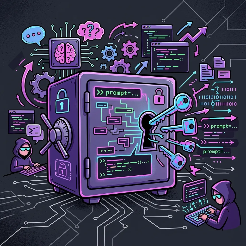 Illustration representing AI security exploits: a digital vault being injected and bypassed by glowing code blocks