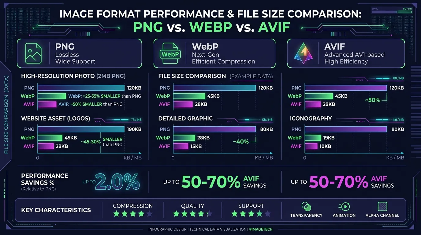 Squoosh image format performance and file size comparison: PNG vs WebP vs AVIF