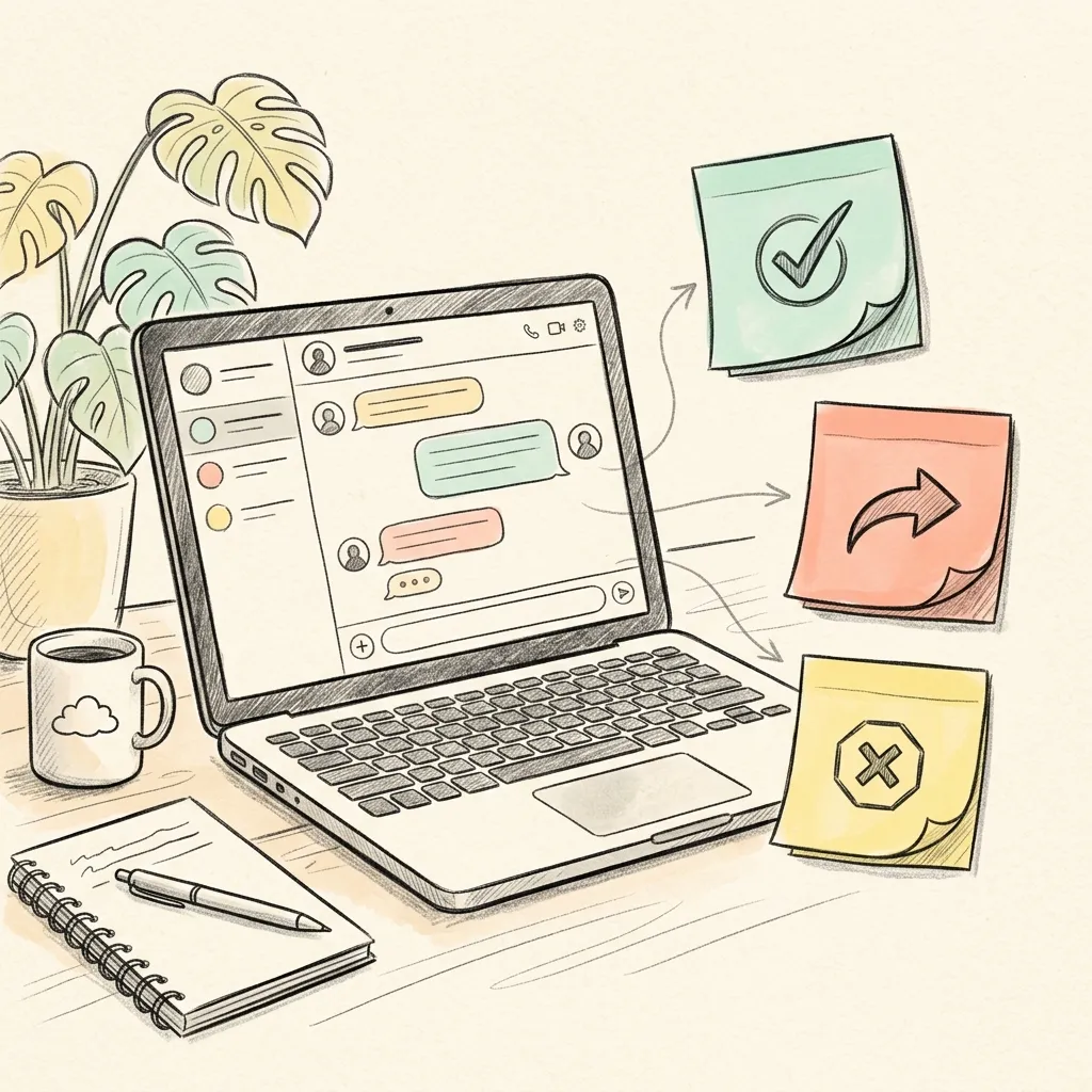Doodle sketch note showing a standup update template with three labeled sticky-note sections representing done, next, and blocked, arranged on a cozy desk scene