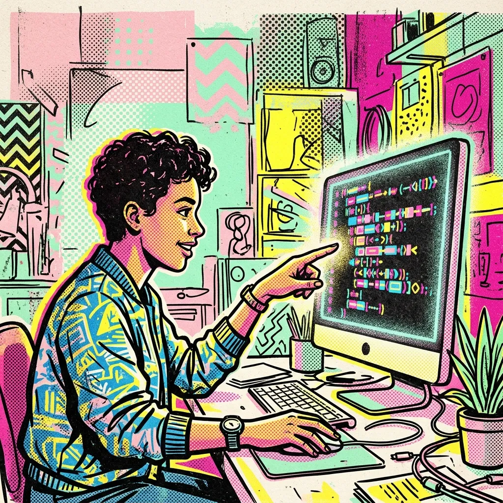 Pop Art style illustration of a user vibe coding by pointing at a glowing screen that generates code blocks