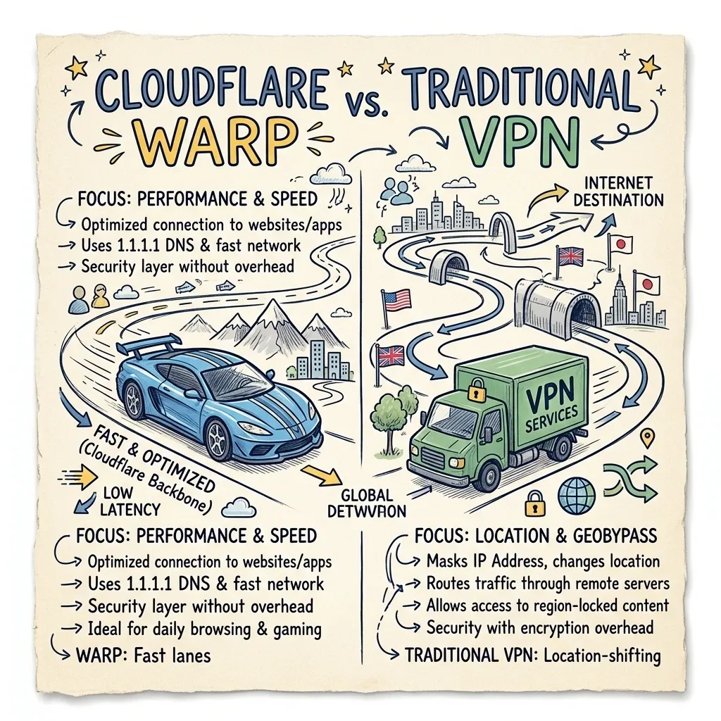 Visual comparison between Cloudflare WARP and a traditional VPN