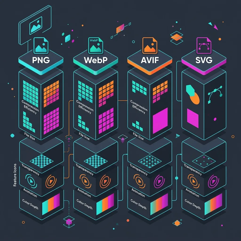 Infographic showing compression efficiency, transparency support, and animation features for PNG, WebP, AVIF, and SVG