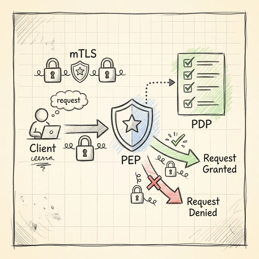 Zero trust request verification flow diagram showing a client request passing through a policy enforcement point, policy engine, and policy administrator before reaching a protected API resource