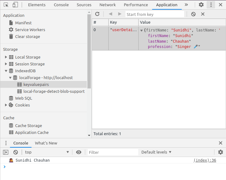 Screenshot for localforage setItem() example